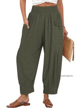 High Waist Wide Leg Linen Blend Palazzo Pants Baggy Loose Fit Lounge